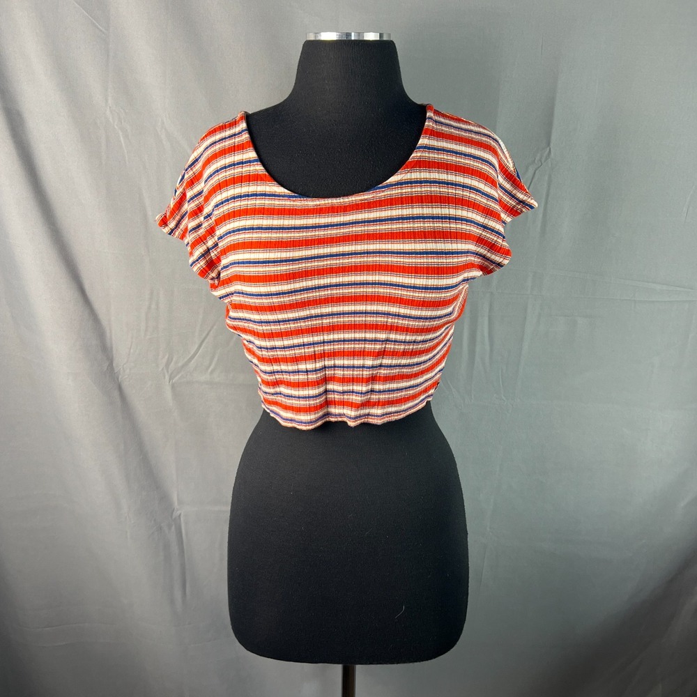 Volcom Crop Top Womens Small Multi Striped Ribbed Stretch Scoop Neck Pullover